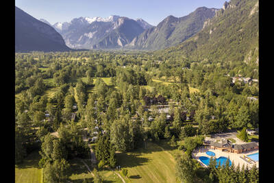 Aerial view of holiday park RCN Belledonne, mountains and forests