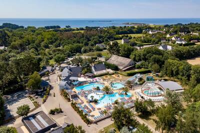 Aerial view of the Roompot Deux Fontaines swimming pool with the sea in the background