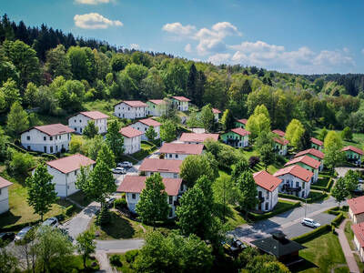 Luchtfoto van vakantiepark Landal Salztal Paradies met vakantiehuizen en bos
