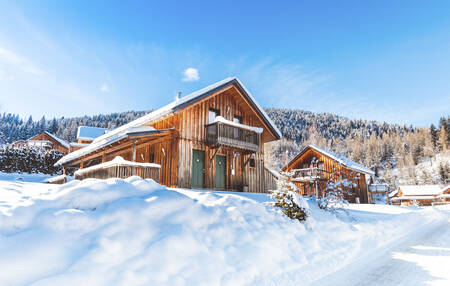 Vrijstaand houten chalet in de sneeuw op resort Alps Resorts Almdorf Stadl