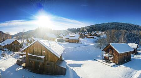 Vrijstaande houten chalets in de sneeuw op Alps Resorts Almdorf Stadl