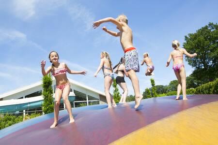 Kinderen springen op de airtrampoline in een speeltuin op vakantiepark Camping de Noetselerberg