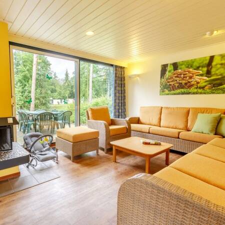 Woonkamer met haard van een vakantiehuis op Center Parcs De Kempervennen