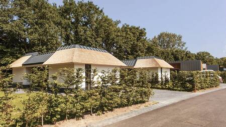 Vakantiehuizen met rieten dak op vakantiepark Dutchen Villapark Suitelodges Gooilanden