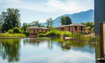 Vakantiehuizen rondom de zwemvijver op vakantiepark EuroParcs Rosental
