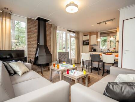 Woonkamer met open haard van een vakantiehuis op vakantiepark Landal Coldenhove