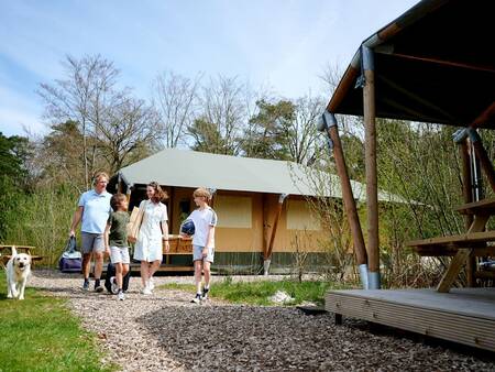 Gezin wandelt tussen de safaritenten op vakantiepark Landal Glamping Neufchâteau