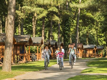 Een gezin fietst voor chalets op vakantiepark Landal Mooi Zutendaal