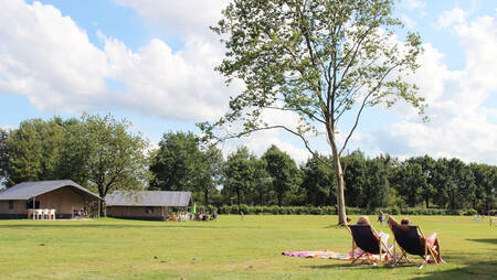 Mensen op ligstoelen op een veld met ingerichte safaritenten op vakantiepark Molecaten het Landschap