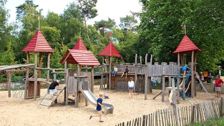 Kinderen aan het spelen in een grote speeltuin op vakantiepark Molecaten Park Landgoed Ginkelduin