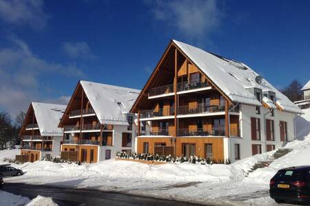 Appartementengebouwen in de sneeuw op Roompot Bergresort Winterberg