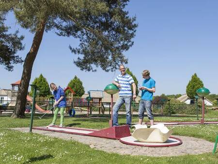 Mensen aan het golfen op de minigolfbaan van vakantiepark Roompot De Veluwse Hoevegaerde
